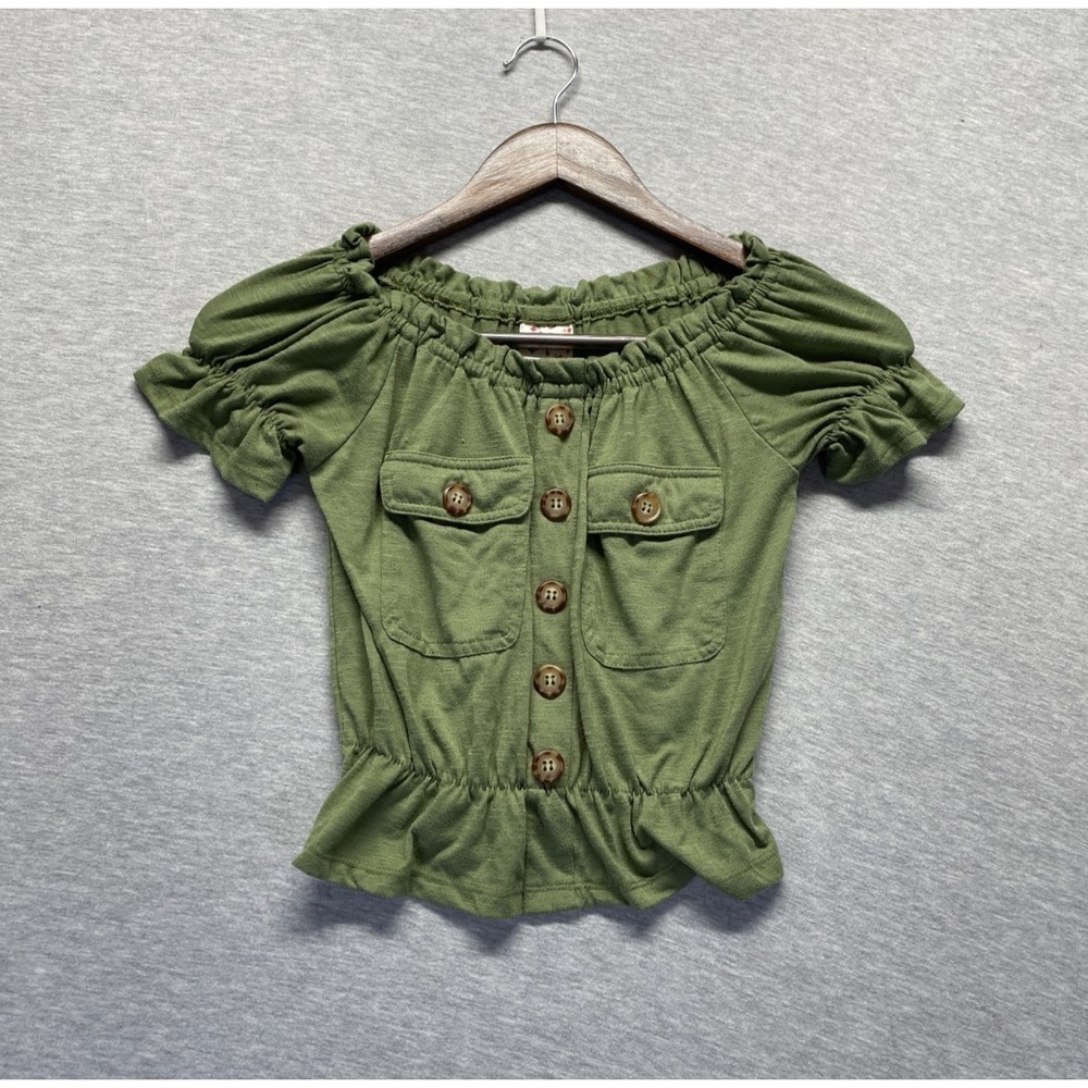 Belle du Jour Off The Shoulder Top Girls Small Olive Green Peplum Hem Pleated